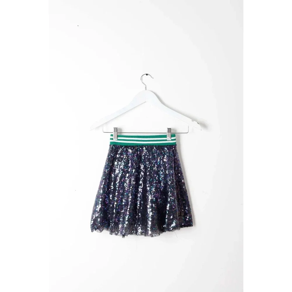 (CL) Zara Girls Sequin Skirt Iridescent Green Striped Waistband‎ Size 13-14 NWT